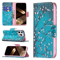 Funda de Cuero Cartera con Soporte Flores Carcasa L02 para Apple iPhone 16 Pro Max Cian