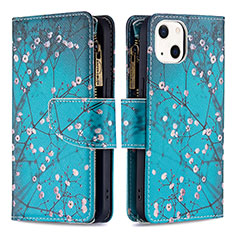 Funda de Cuero Cartera con Soporte Flores Carcasa L03 para Apple iPhone 15 Plus Cian