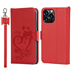 Funda de Cuero Cartera con Soporte Flores Carcasa L16 para Apple iPhone 13 Pro Max Rojo