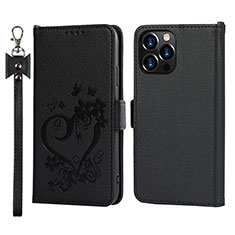 Funda de Cuero Cartera con Soporte Flores Carcasa L16 para Apple iPhone 13 Pro Negro