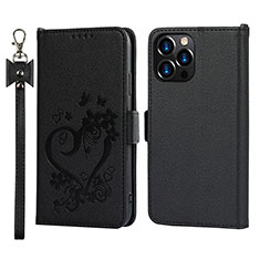 Funda de Cuero Cartera con Soporte Flores Carcasa L16 para Apple iPhone 15 Pro Max Negro