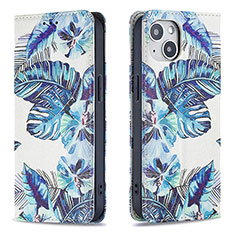 Funda de Cuero Cartera con Soporte Flores Carcasa para Apple iPhone 15 Azul