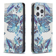 Funda de Cuero Cartera con Soporte Flores Carcasa para Apple iPhone 15 Pro Azul