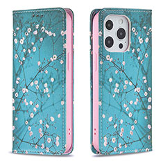 Funda de Cuero Cartera con Soporte Flores Carcasa para Apple iPhone 15 Pro Azul Cielo