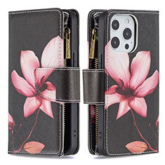 Funda de Cuero Cartera con Soporte Flores Carcasa para Apple iPhone 15 Pro Marron