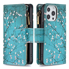 Funda de Cuero Cartera con Soporte Flores Carcasa para Apple iPhone 15 Pro Max Cian