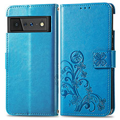 Funda de Cuero Cartera con Soporte Flores Carcasa para Google Pixel 6 Pro 5G Azul