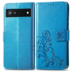 Funda de Cuero Cartera con Soporte Flores Carcasa para Google Pixel 6a 5G Azul