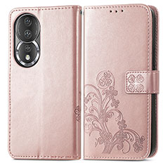 Funda de Cuero Cartera con Soporte Flores Carcasa para Huawei Honor 80 5G Oro Rosa