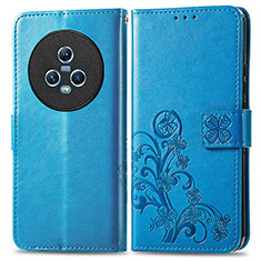 Funda de Cuero Cartera con Soporte Flores Carcasa para Huawei Honor Magic5 5G Azul