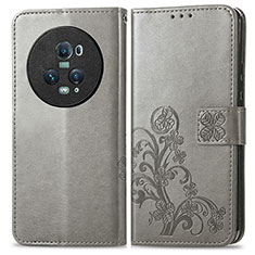 Funda de Cuero Cartera con Soporte Flores Carcasa para Huawei Honor Magic5 Pro 5G Gris