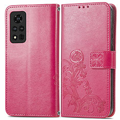 Funda de Cuero Cartera con Soporte Flores Carcasa para Huawei Honor V40 5G Rosa Roja