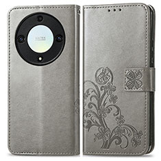 Funda de Cuero Cartera con Soporte Flores Carcasa para Huawei Honor X9a 5G Gris