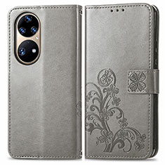 Funda de Cuero Cartera con Soporte Flores Carcasa para Huawei P50 Pro Gris