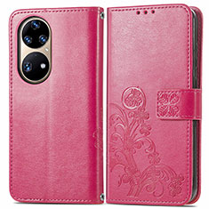 Funda de Cuero Cartera con Soporte Flores Carcasa para Huawei P50 Pro Rojo