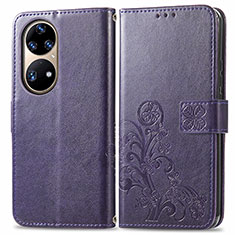 Funda de Cuero Cartera con Soporte Flores Carcasa para Huawei P50e Morado