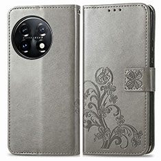 Funda de Cuero Cartera con Soporte Flores Carcasa para OnePlus 11 5G Gris