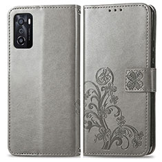 Funda de Cuero Cartera con Soporte Flores Carcasa para Oppo A55S 5G Gris