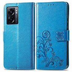 Funda de Cuero Cartera con Soporte Flores Carcasa para Oppo A56S 5G Azul