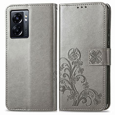 Funda de Cuero Cartera con Soporte Flores Carcasa para Oppo A56S 5G Gris