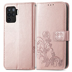 Funda de Cuero Cartera con Soporte Flores Carcasa para Oppo Reno5 F Rosa