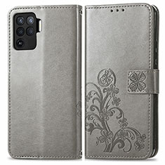 Funda de Cuero Cartera con Soporte Flores Carcasa para Oppo Reno5 Lite Gris