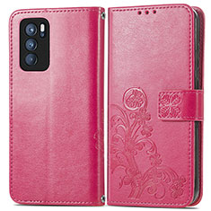 Funda de Cuero Cartera con Soporte Flores Carcasa para Oppo Reno6 Pro 5G India Rojo