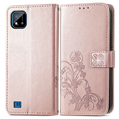 Funda de Cuero Cartera con Soporte Flores Carcasa para Realme C20 Oro Rosa