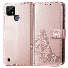 Funda de Cuero Cartera con Soporte Flores Carcasa para Realme C21Y Oro Rosa