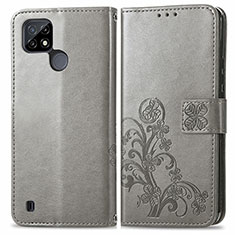 Funda de Cuero Cartera con Soporte Flores Carcasa para Realme C25Y Gris