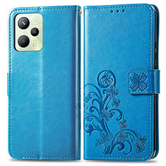 Funda de Cuero Cartera con Soporte Flores Carcasa para Realme C35 Azul