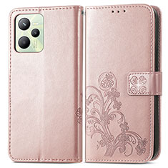 Funda de Cuero Cartera con Soporte Flores Carcasa para Realme C35 Oro Rosa