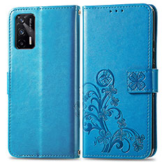 Funda de Cuero Cartera con Soporte Flores Carcasa para Realme Q3 Pro 5G Azul