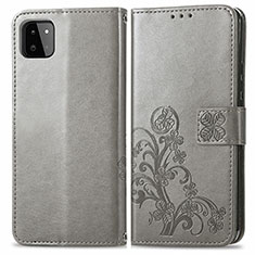 Funda de Cuero Cartera con Soporte Flores Carcasa para Samsung Galaxy F42 5G Gris