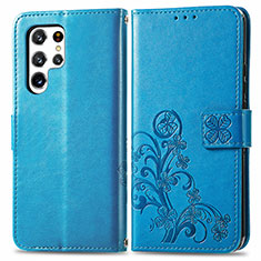 Funda de Cuero Cartera con Soporte Flores Carcasa para Samsung Galaxy S21 Ultra 5G Azul