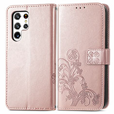 Funda de Cuero Cartera con Soporte Flores Carcasa para Samsung Galaxy S21 Ultra 5G Rosa