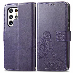 Funda de Cuero Cartera con Soporte Flores Carcasa para Samsung Galaxy S23 Ultra 5G Morado