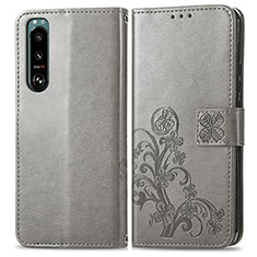 Funda de Cuero Cartera con Soporte Flores Carcasa para Sony Xperia 5 III Gris