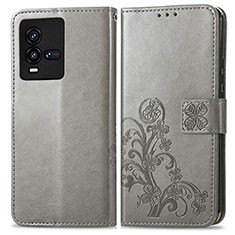 Funda de Cuero Cartera con Soporte Flores Carcasa para Vivo iQOO 9T 5G Gris