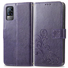 Funda de Cuero Cartera con Soporte Flores Carcasa para Vivo V21e 4G Morado