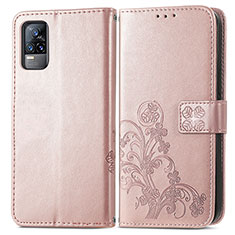 Funda de Cuero Cartera con Soporte Flores Carcasa para Vivo V21e 4G Rosa