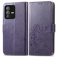 Funda de Cuero Cartera con Soporte Flores Carcasa para Vivo V23 5G Morado