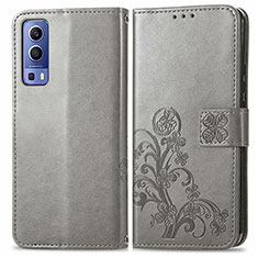 Funda de Cuero Cartera con Soporte Flores Carcasa para Vivo Y52 5G Gris