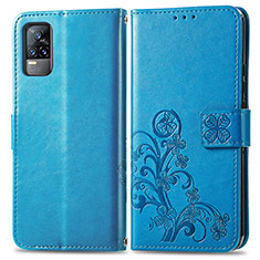 Funda de Cuero Cartera con Soporte Flores Carcasa para Vivo Y73 (2021) Azul