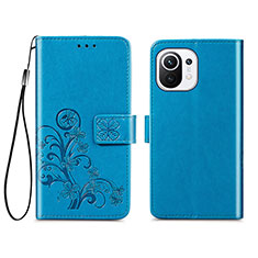 Funda de Cuero Cartera con Soporte Flores Carcasa para Xiaomi Mi 11 Lite 4G Azul