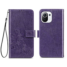 Funda de Cuero Cartera con Soporte Flores Carcasa para Xiaomi Mi 11 Lite 4G Morado