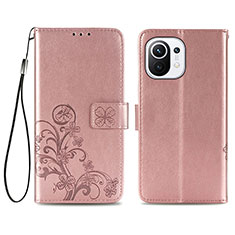 Funda de Cuero Cartera con Soporte Flores Carcasa para Xiaomi Mi 11 Lite 4G Rosa