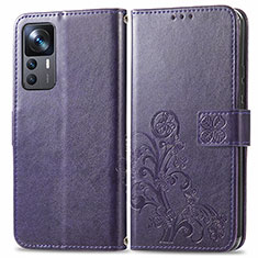 Funda de Cuero Cartera con Soporte Flores Carcasa para Xiaomi Mi 12T Pro 5G Morado