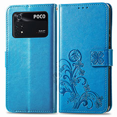 Funda de Cuero Cartera con Soporte Flores Carcasa para Xiaomi Poco M4 Pro 4G Azul