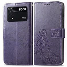 Funda de Cuero Cartera con Soporte Flores Carcasa para Xiaomi Poco M4 Pro 4G Morado